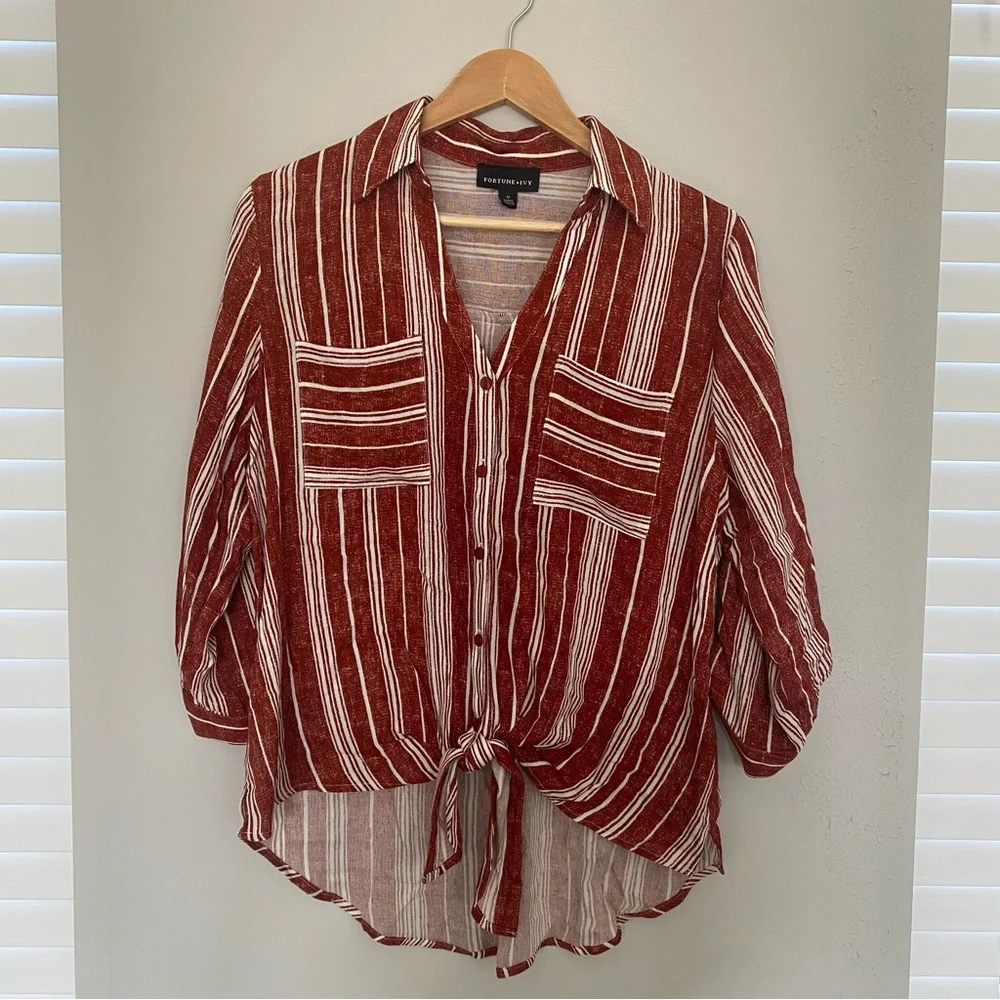 NWOT Rust 3/4 Sleeve Button Down Shirt with Tie Front - Picture 5 of 7